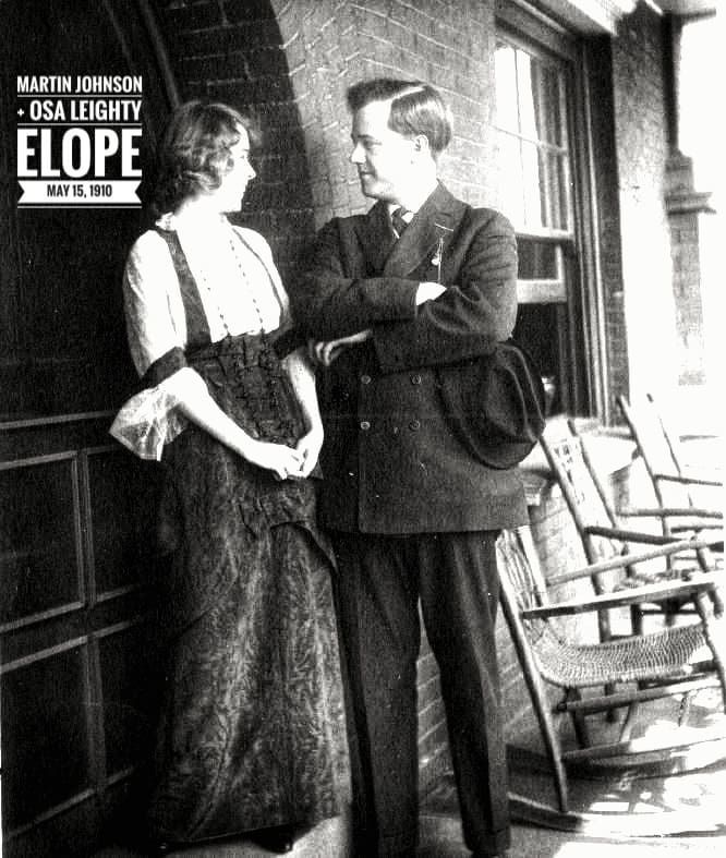 A black-and-white photo of Martin Johnson and Osa Leighty looking at each other on a porch, captioned 