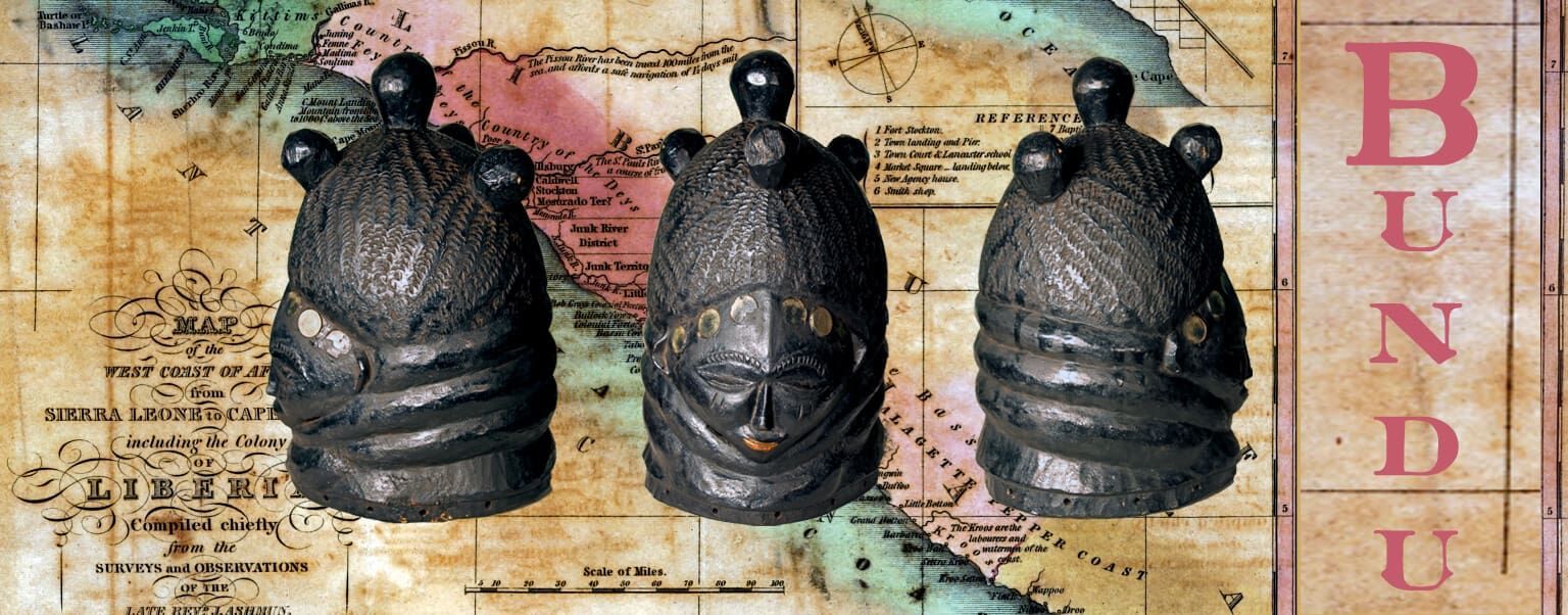 Three dark, carved wooden Bundu masks shown from different angles against a vintage map background.
