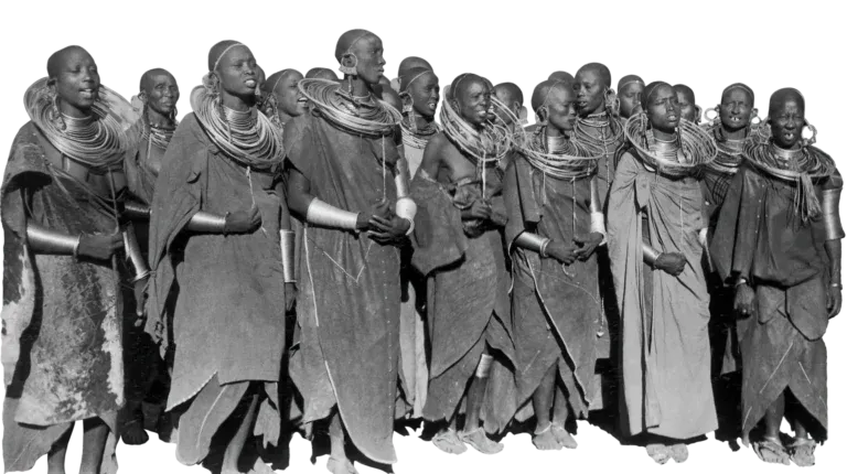 A group of people wearing traditional garments and layered neck rings standing in a line against a white background.