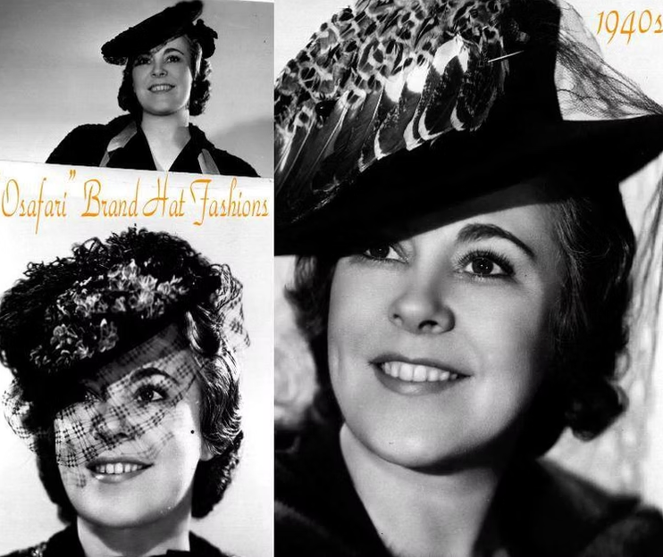 A collage of three black-and-white portraits of a woman wearing various 1940s-style hats.