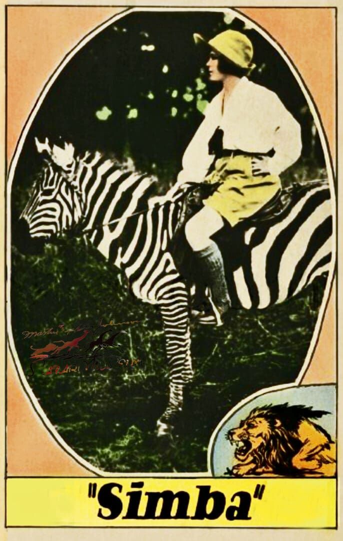 A person in a tan outfit and hat riding a zebra in a forest, with a small inset illustration of a roaring lion below.