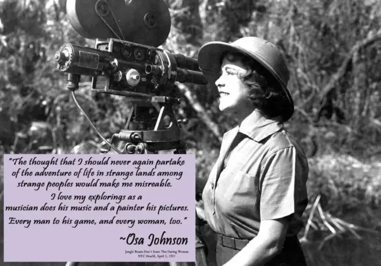Osa Johnson stands beside a film camera in a tropical setting, with an overlaid quote about her love for exploration.