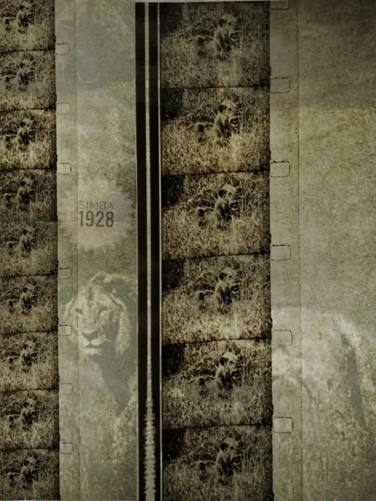 A vintage film strip background features a central lion portrait with the text 
