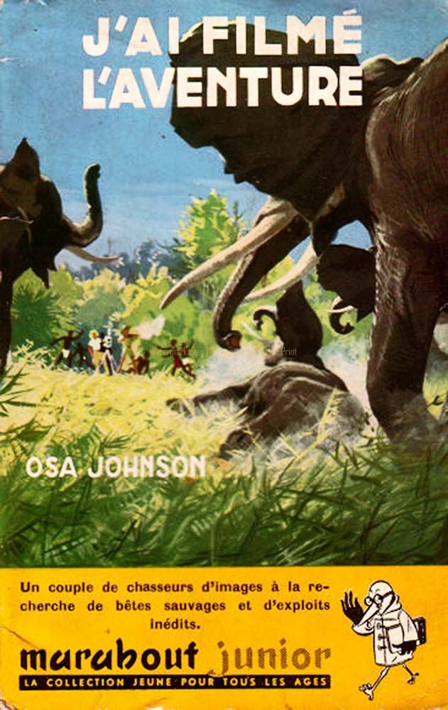 Vintage book cover illustration showing elephants in tall grass with people nearby, under the title J’AI FILMÉ L’AVENTURE.