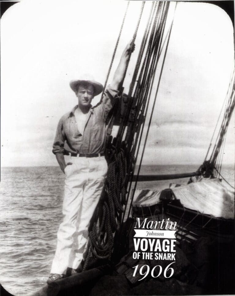 A person in a hat and light trousers stands on a boat deck, holding the mast, with text overlay 