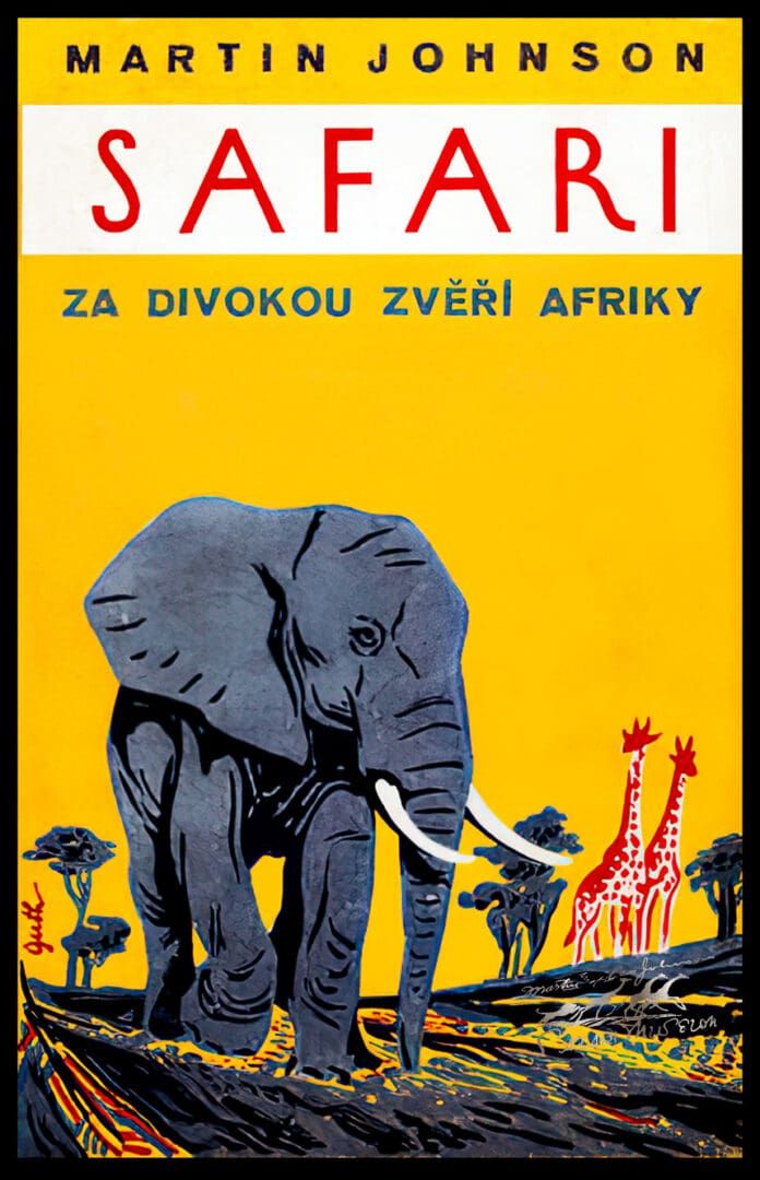Book cover with a gray elephant walking in the foreground, two giraffes in the back, over a bright yellow background.