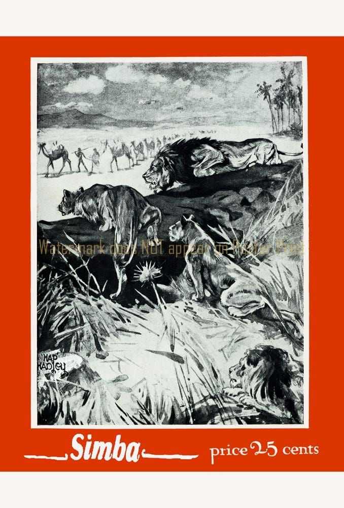 Black-and-white illustration of three lions watching a camel caravan from the grass on a bright orange background.