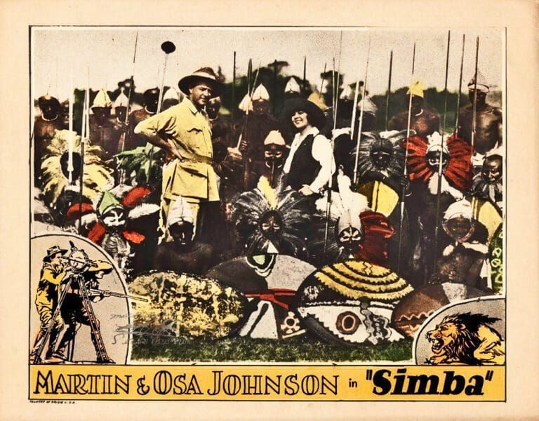 A poster showing Martin and Osa Johnson standing among Maasai warriors with spears and shields for the film 'Simba'.