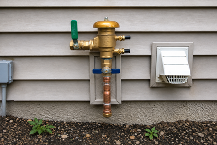 Blue and orange water pipe assembly with handwheels beside a chain-link fence outdoors