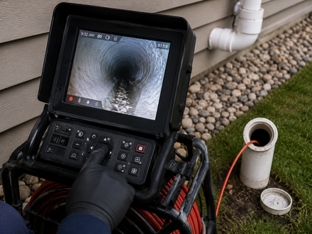 Workers inspect a broken pipe with a handheld display, red-gloved hands in a muddy trench.