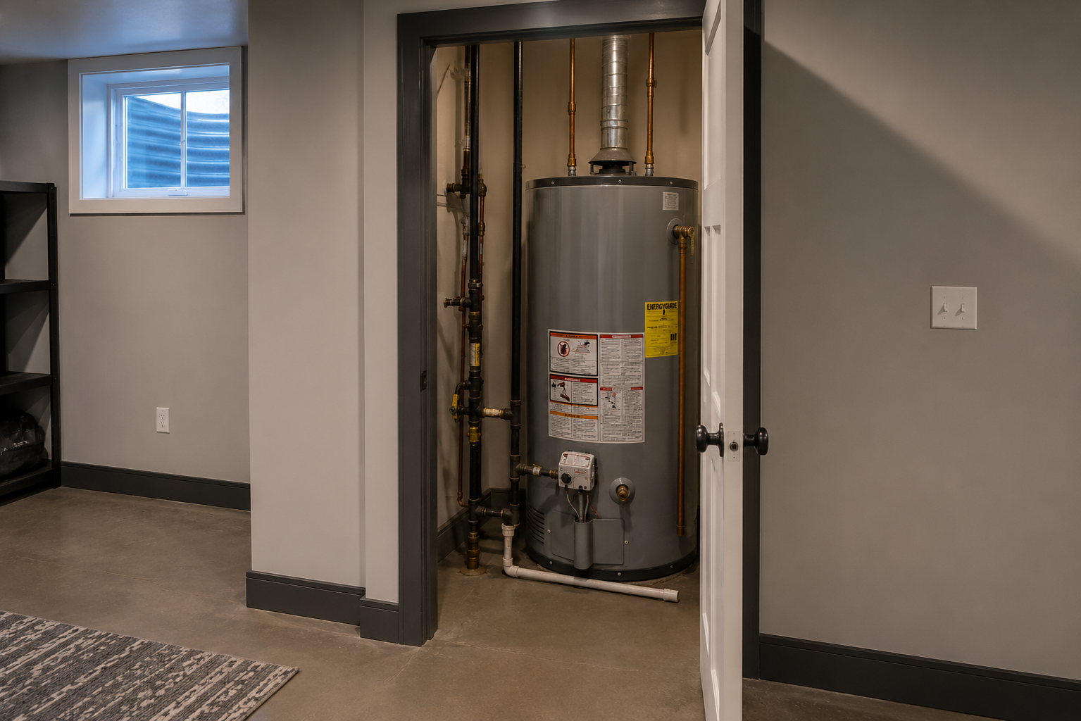 Utility closet with a water heater inside a hallway