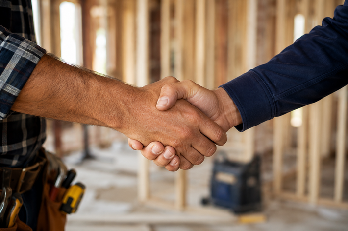 Two people shaking hands in a wooden construction site interior