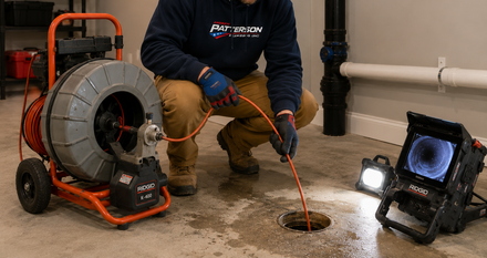 Worker using a drain snake to clear a round sewer manhole on a brick-paved street