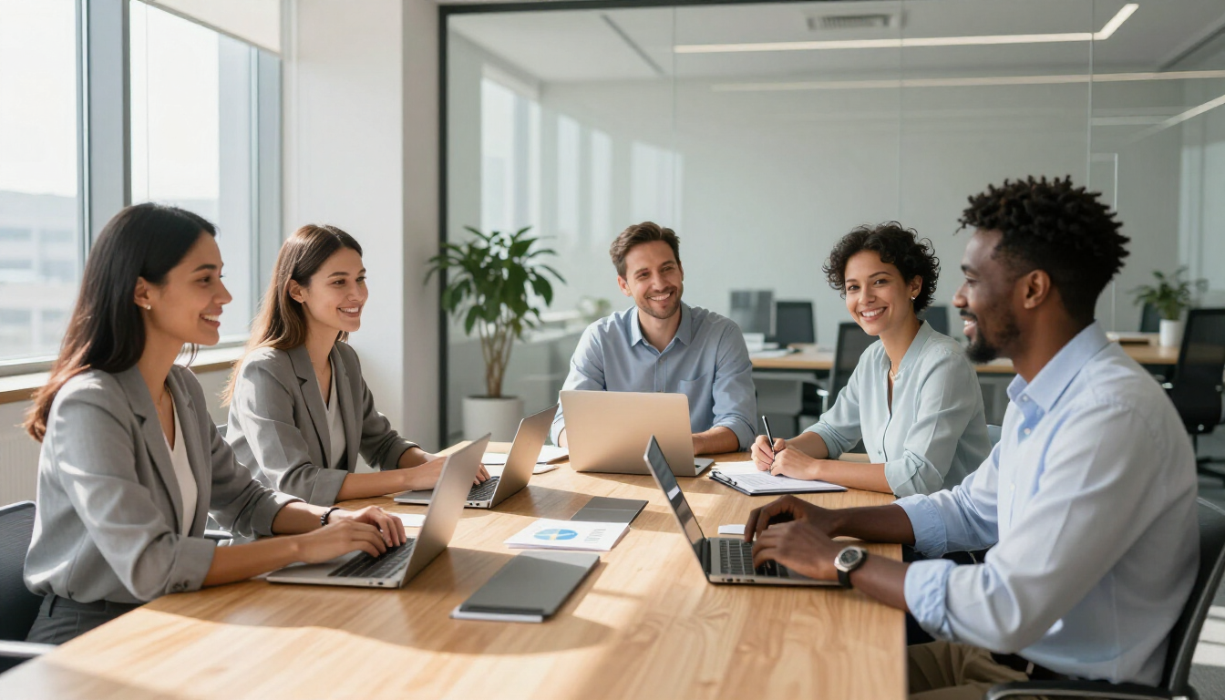 Equipe empresarial em reunião sobre benefícios