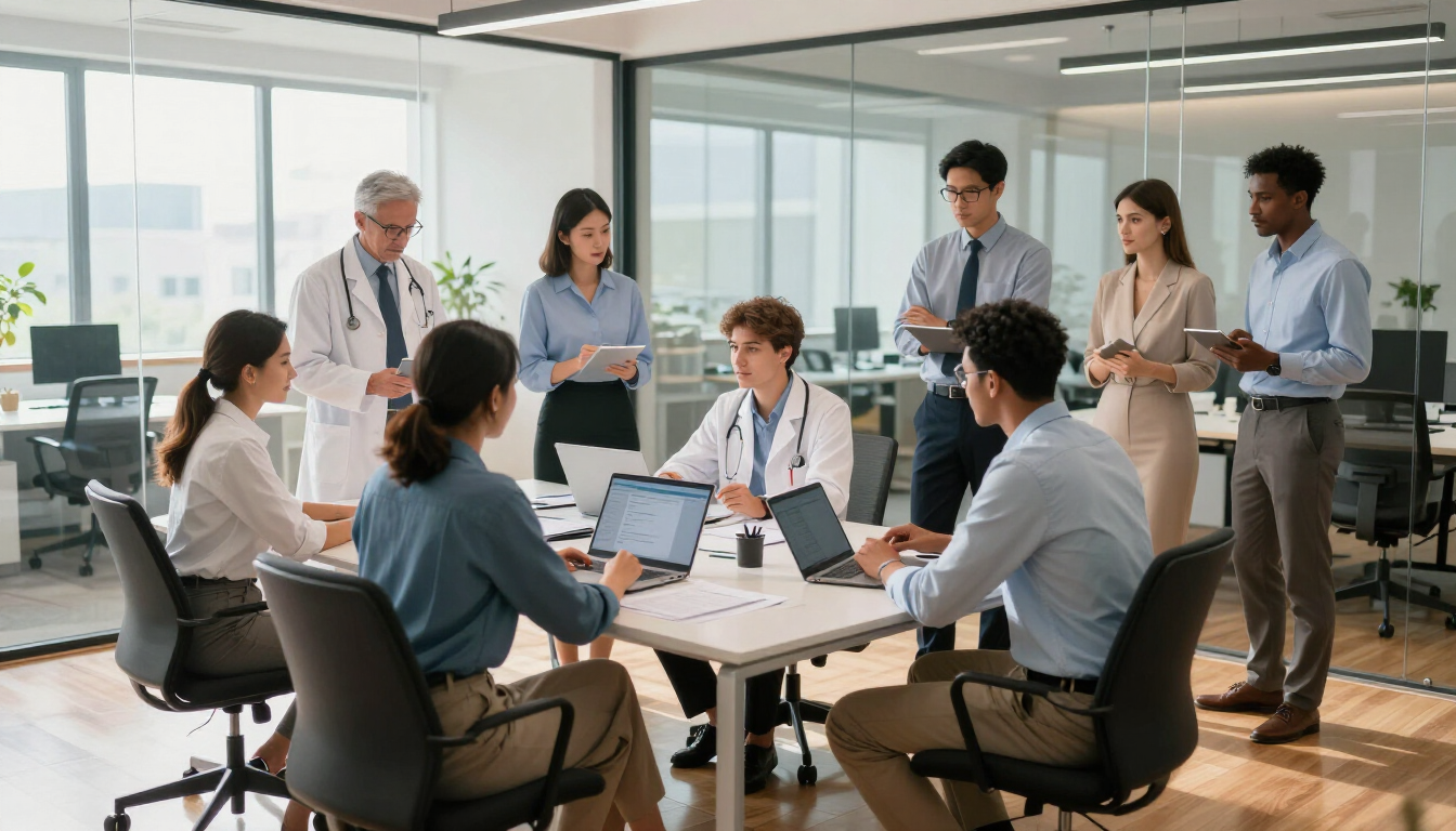 Profissionais de diversas áreas reunidos em ambiente corporativo moderno.