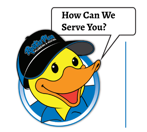 A duck with a speech bubble that says how can we serve you