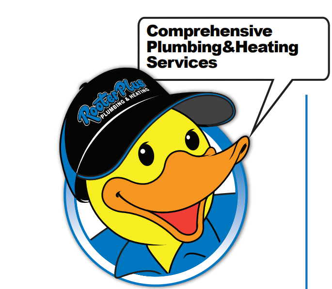 A rubber duck is wearing a hat that says comprehensive plumbing & heating services