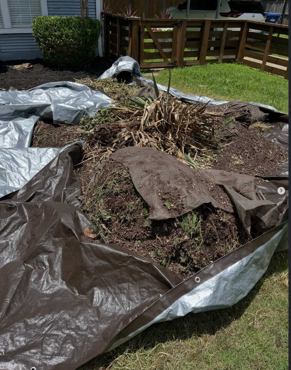 Raised garden bed with mulch and tarp cover in a backyard, with wooden fence and grass nearby