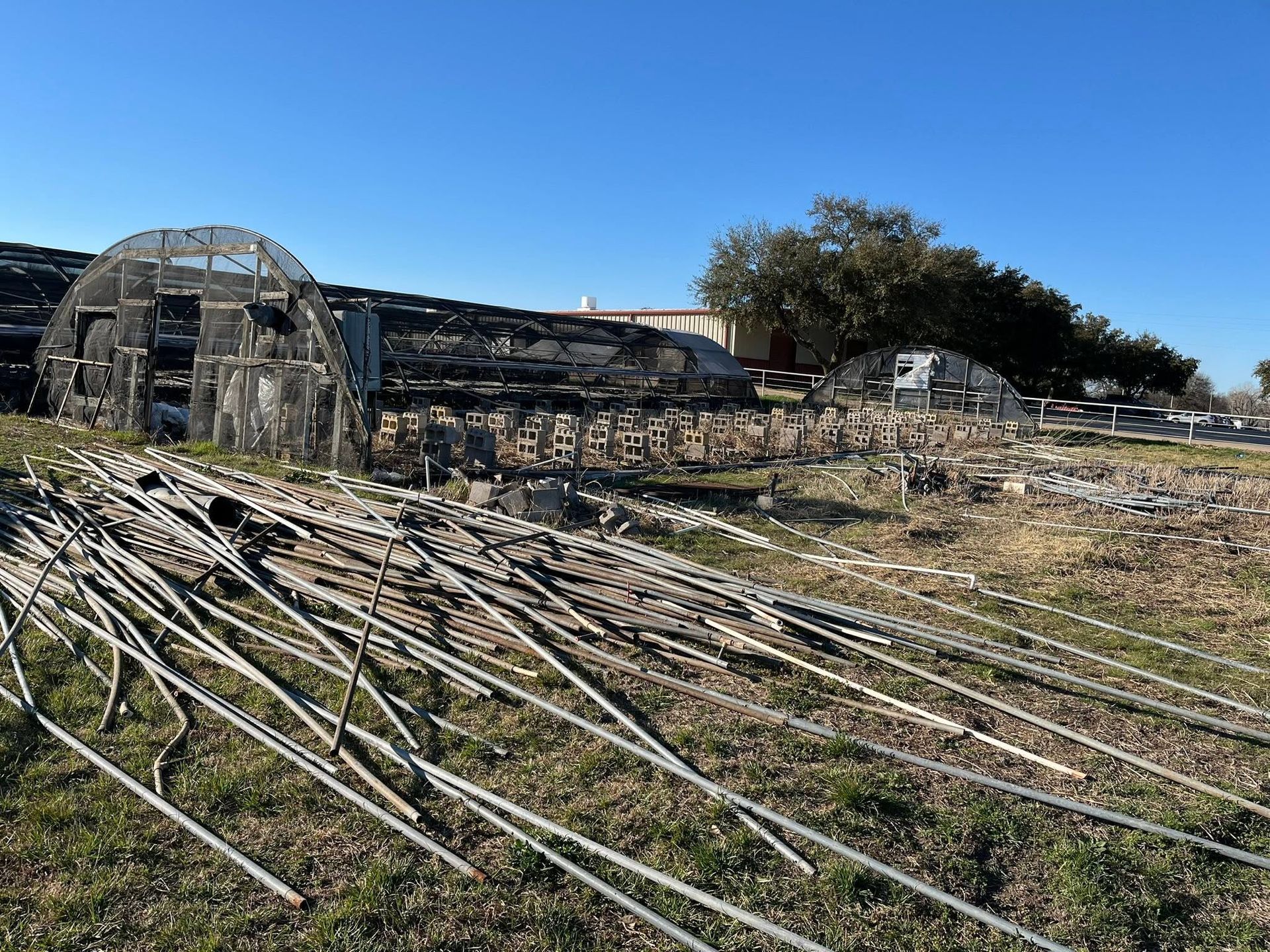 Abandoned greenhouse with collapsed metal frames and dry grass under a clear blue sky