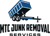 Blue dump truck logo with “MTC Junk Removal Services” text
