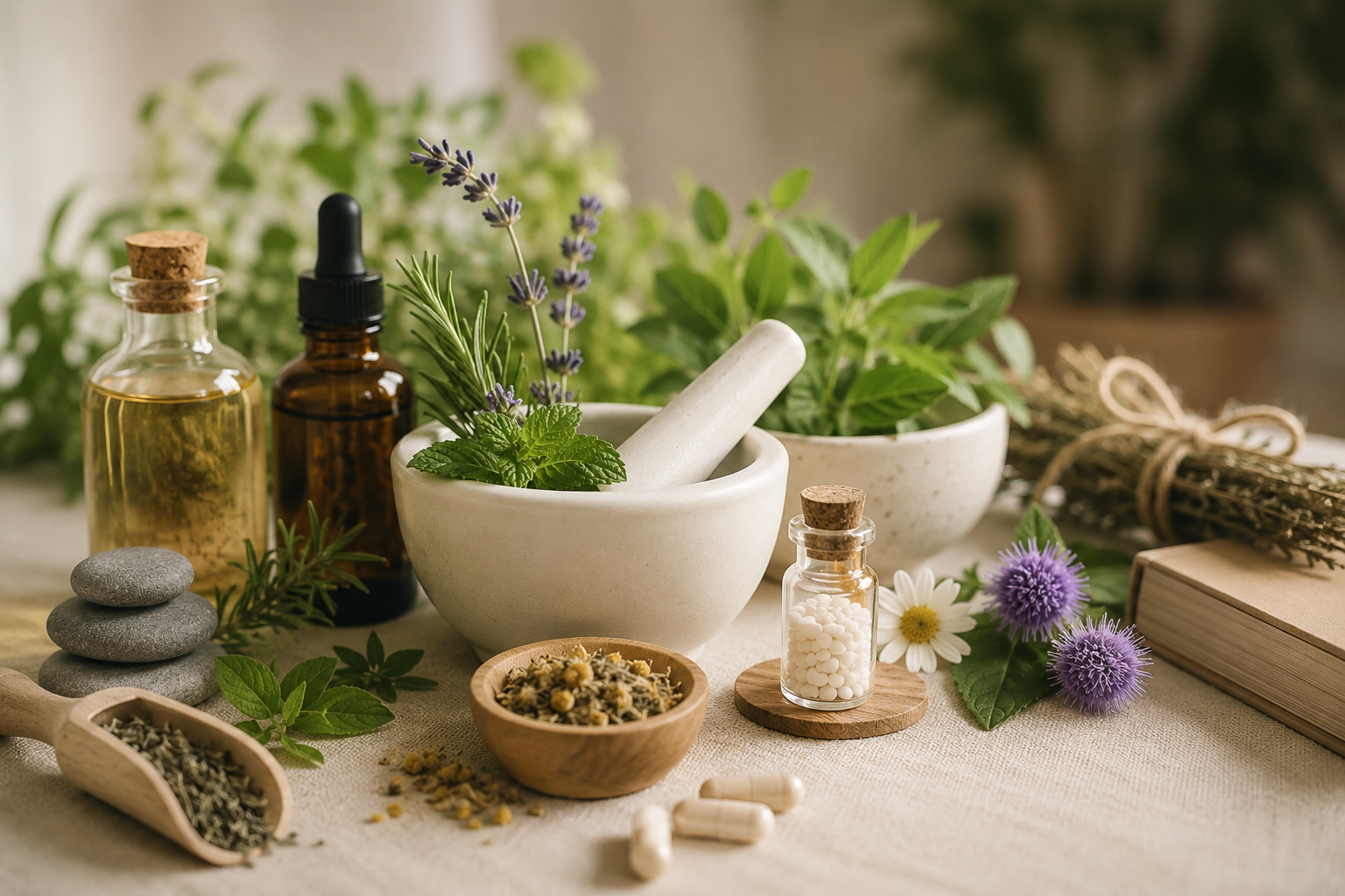 Natura morta con mortaio e pestello, fiori, oli ed erbe essiccate su un tavolo di legno, ideale per una spa a base di erbe.