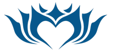 Logo astratto blu a forma di loto e cuore con petali curvi simmetrici