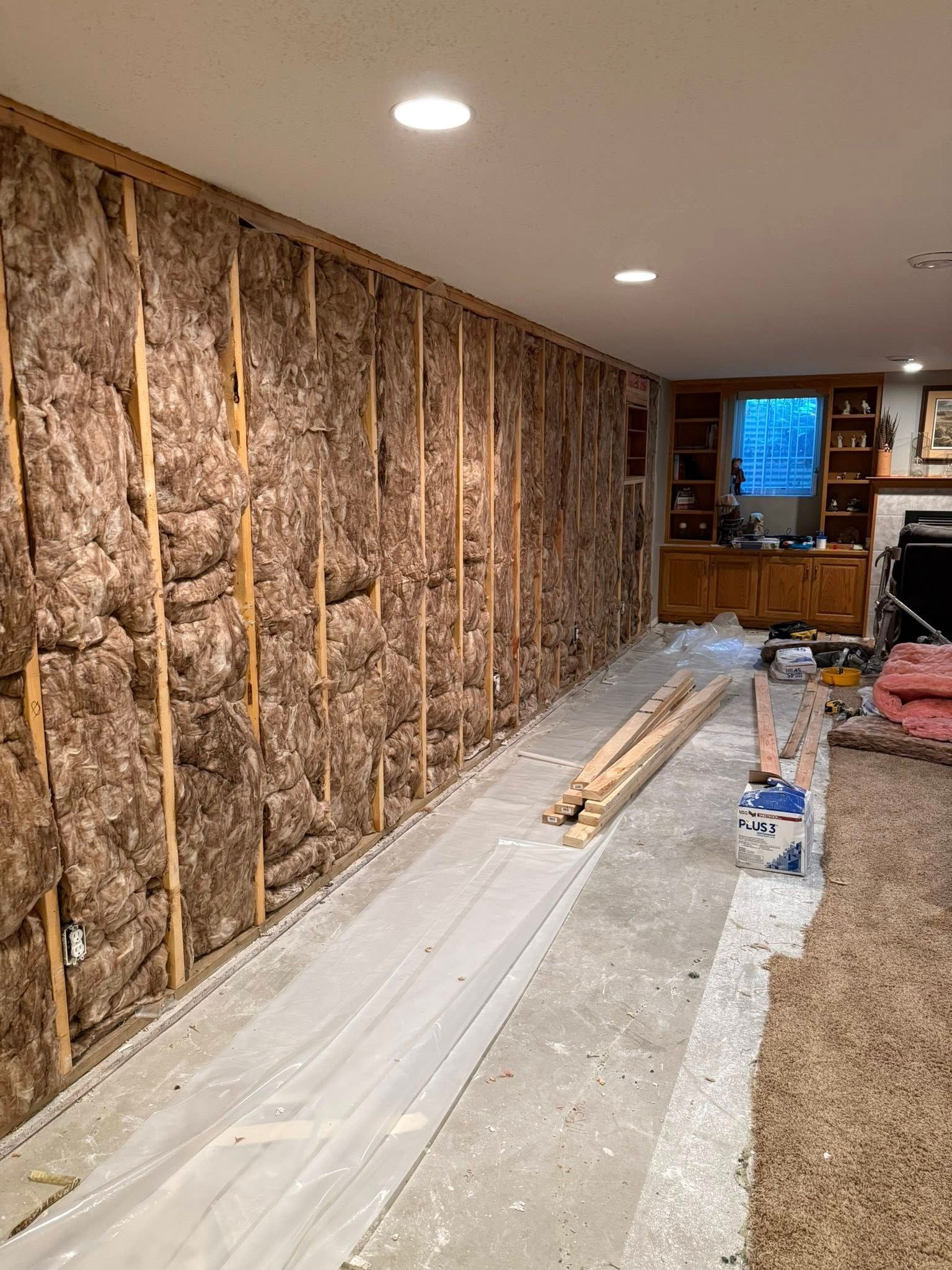 Basement wall under construction, exposed insulation between wooden studs. Concrete floor, carpeted areas, and recessed ceiling lights.