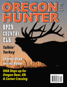 Oregon Hunter magazine cover with elk silhouette, orange sky, and issue headlines about open country elk and turkey