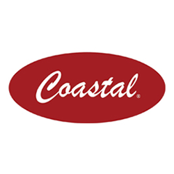 Coastal logo in white script on a red oval background