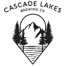 Cascade Lakes Brewing Co logo with mountain, pine trees, and lake in a teardrop emblem