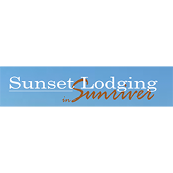 Sunset Lodging in summer logo on a light blue banner