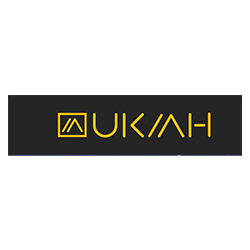 Yellow “UKAH” logo on a dark rectangular banner on a white background