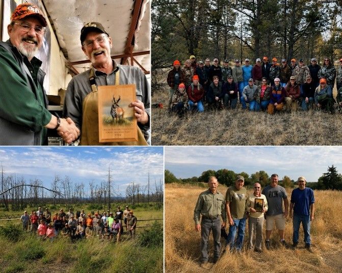 Collage of hunters and group photos in wooded fields, including two men holding a deer plaque.
