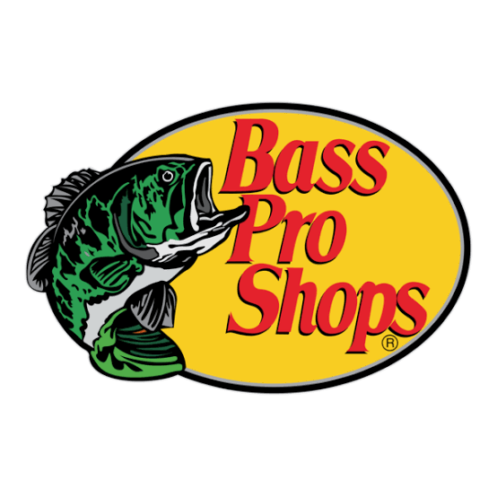 Bass Pro Shops logo with green fish leaping beside red text on a yellow oval background