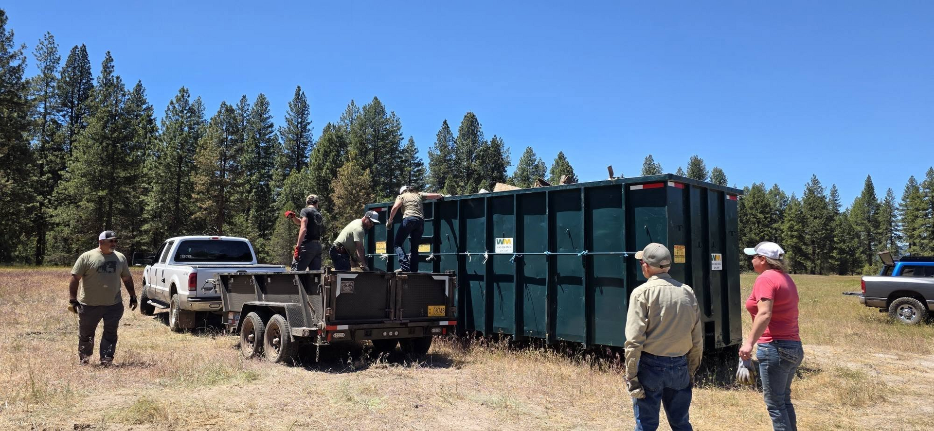 Workers and trucks beside a fenced forest clearing under a blue sky