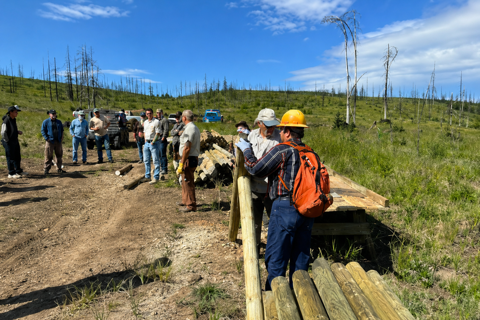 Hikers with backpacks and helmets standing on a dirt trail in a grassy, clear-cut landscape under blue sky