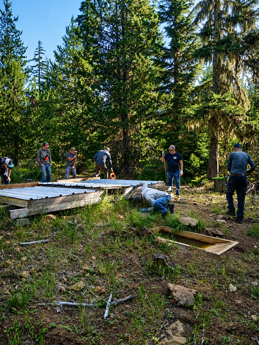 People working around a raised platform in a forest clearing with tall pine trees.