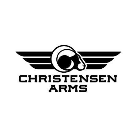 Christensen Arms logo with black winged emblem and bold text on white background