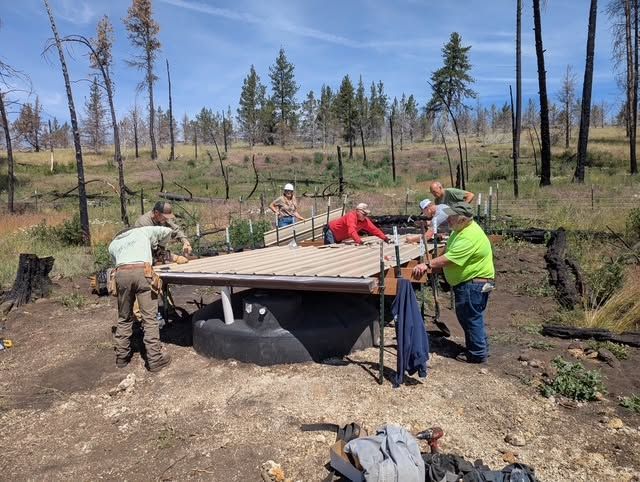 People assembling a wooden platform over a pit in a burned forest clearing