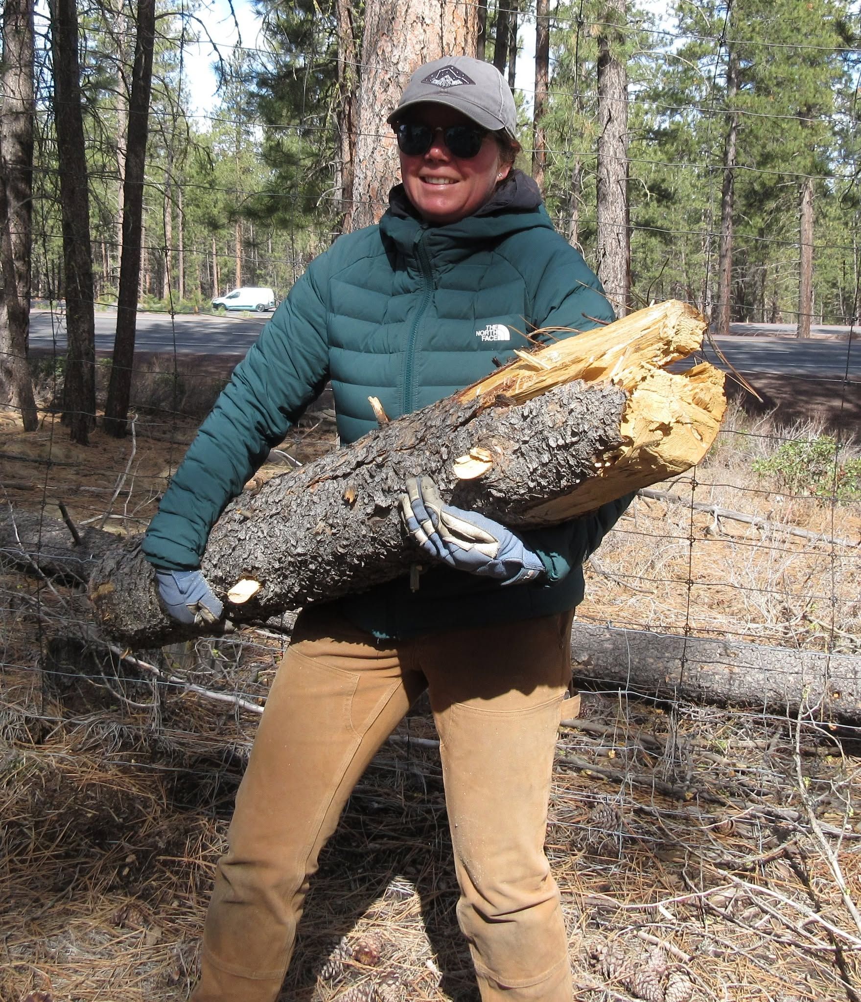 Person in a teal jacket and tan pants carrying a large log in a wooded area.