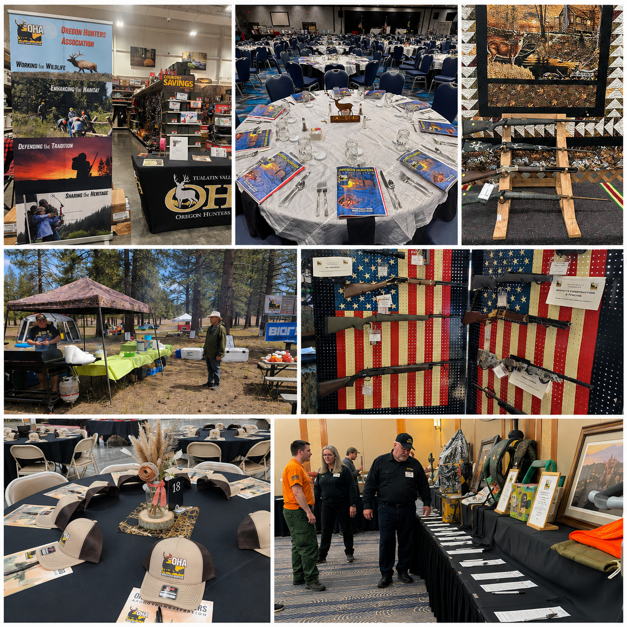 Outdoor craft fair collage with booths, display tables, patriotic decor, and handmade items
