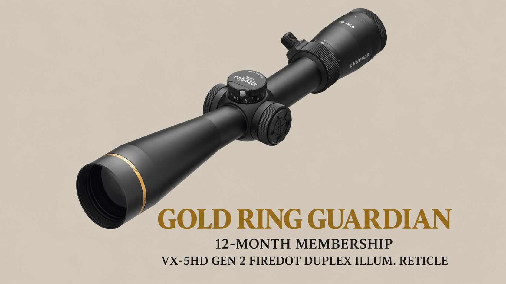 Black rifle scope on a beige background with gold text reading “GOLD RING GUARDIAN”