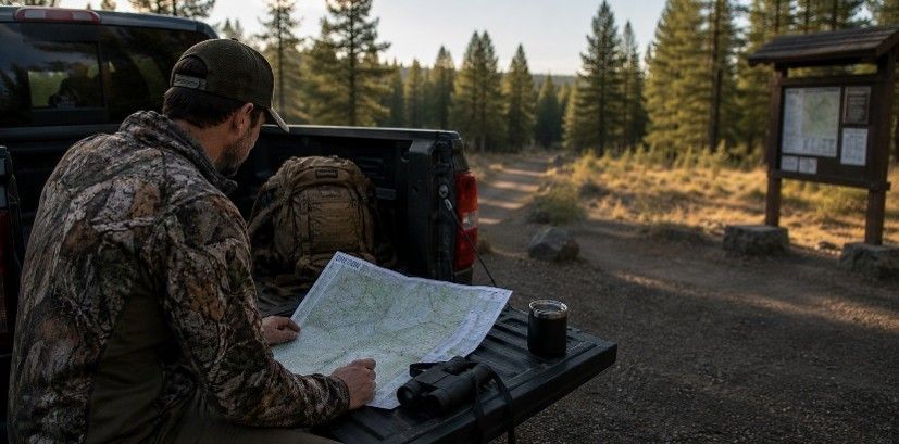 Two people in camouflage studying a map by a pickup truck on a forest road at sunset