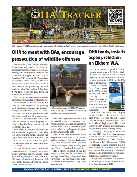 OHA Tracker newspaper front page with wildlife crime headlines and photos of officials, deer, and a signboard