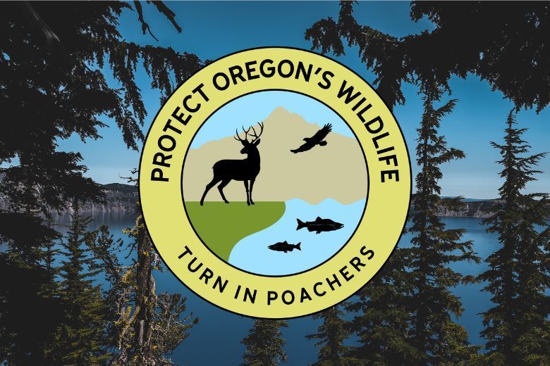 Oregon wildlife protection logo over forest lake scene, with deer, eagle, fish, and “Turn in poachers” text