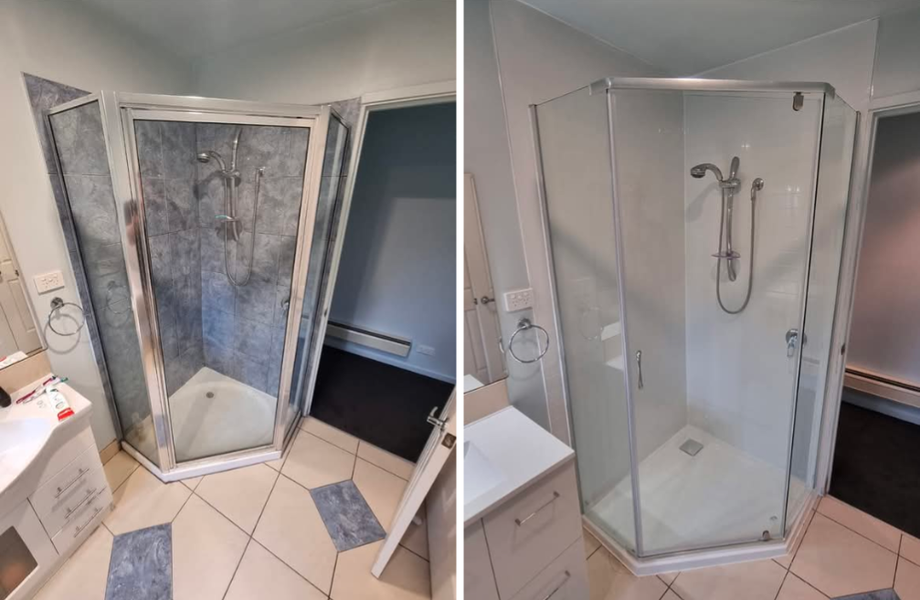Bathroom with a corner shower, glass doors, tiled floor, and white sink vanity. — TasWide Plumbing in Kingston, TAS