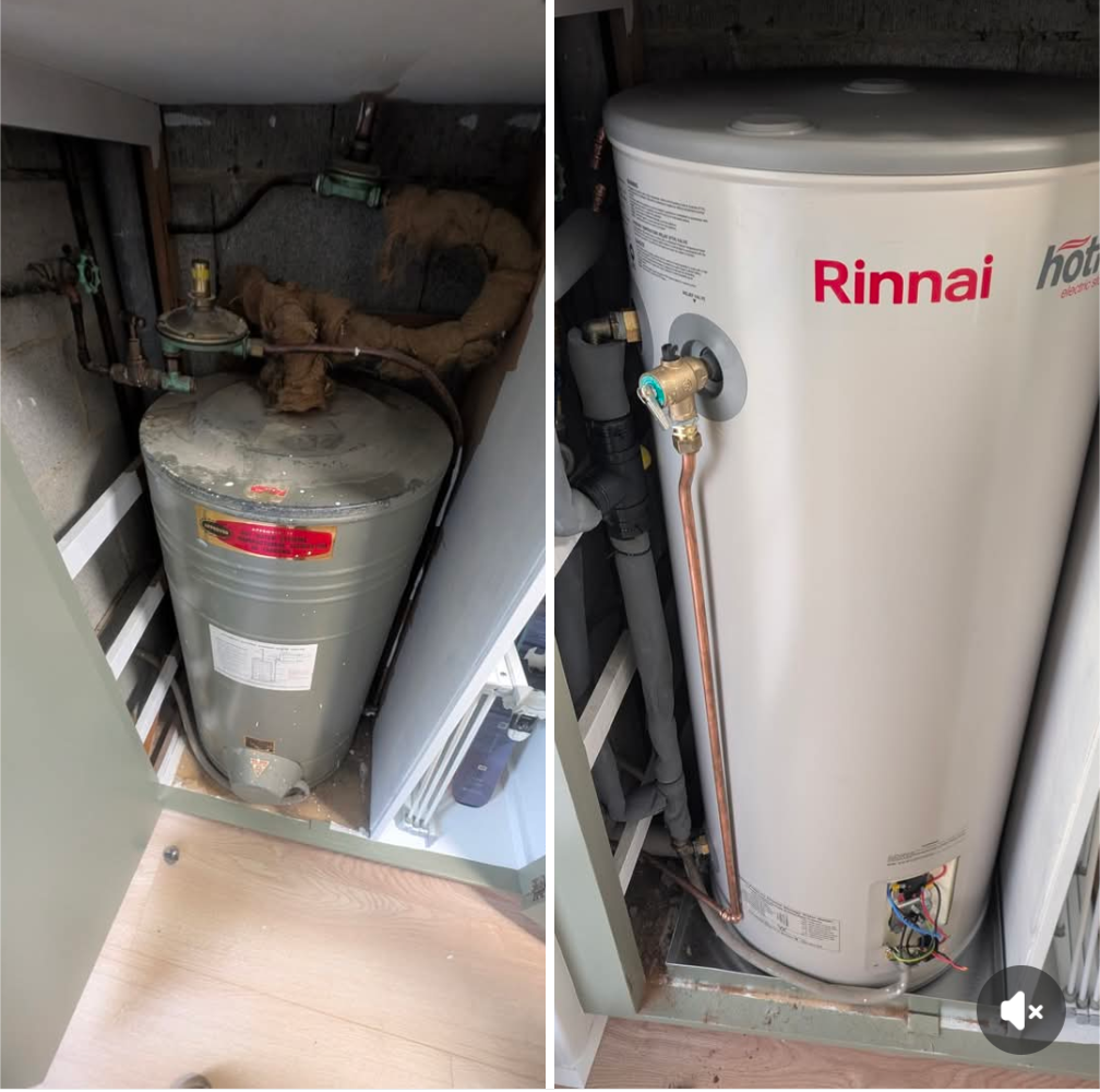Two Rinnai water heaters in a utility closet, one old silver tank and one newer white tank. — TasWide Plumbing in Kingston, TAS