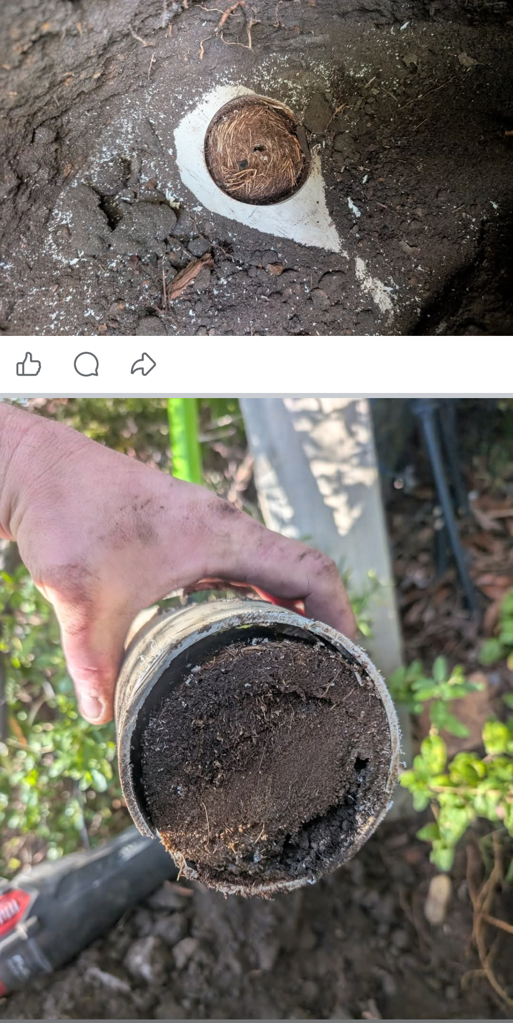 Close-up of a cut pipe end filled with dirt, held outdoors near grass and tools. — TasWide Plumbing in Kingston, TAS