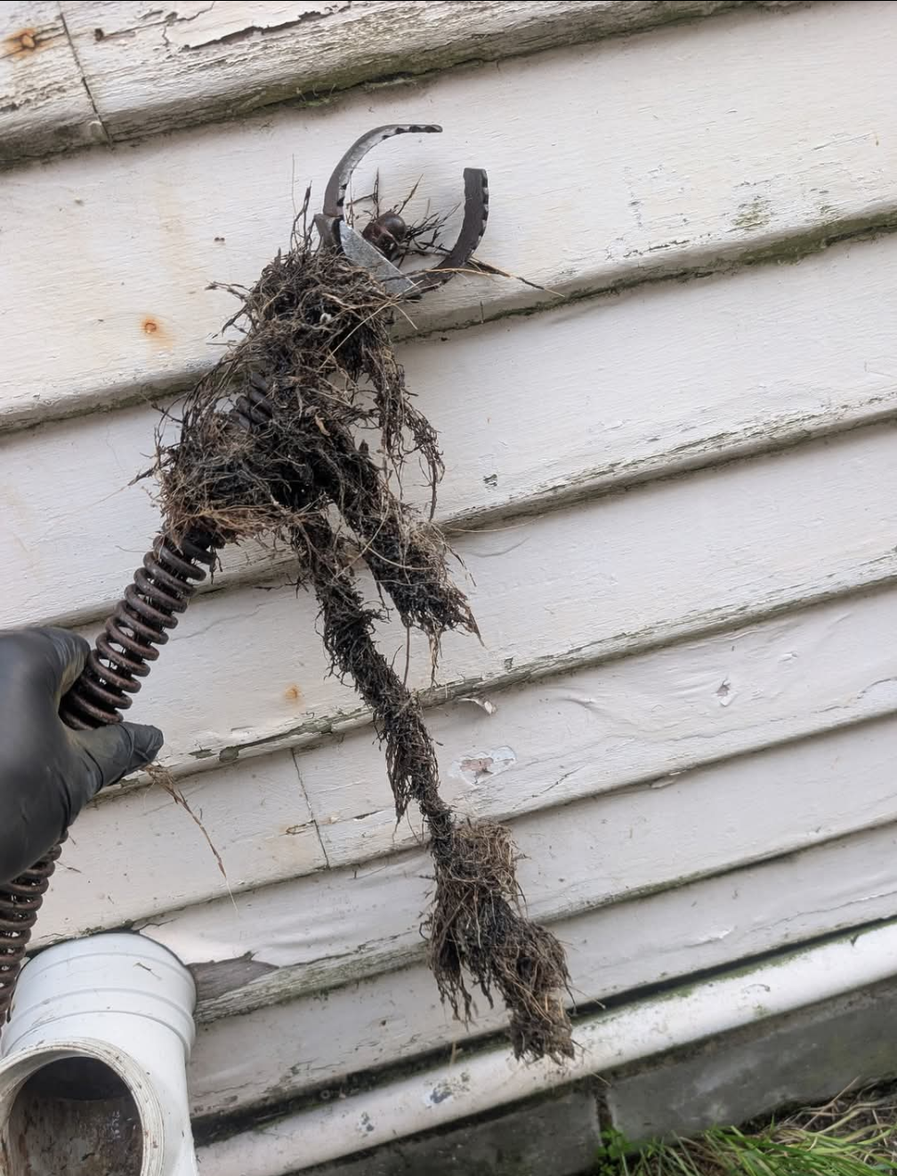 Person holding a brush removed from a white house vent covered in debris and twigs — TasWide Plumbing in Kingston, TAS