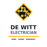 De Witt Electrician logo with yellow diamond lightning icon and text “PANEL • WIRING • EMERGENCY”